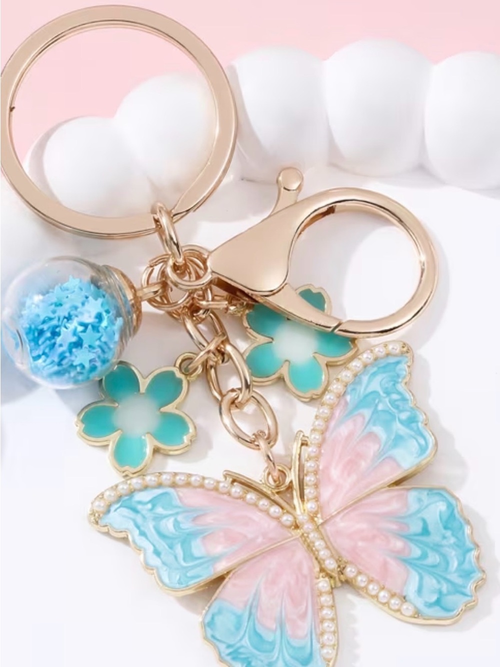 Gold-Tone Pink & Blue Butterfly Keychain/Bagcharm with Aqua Flower Charms